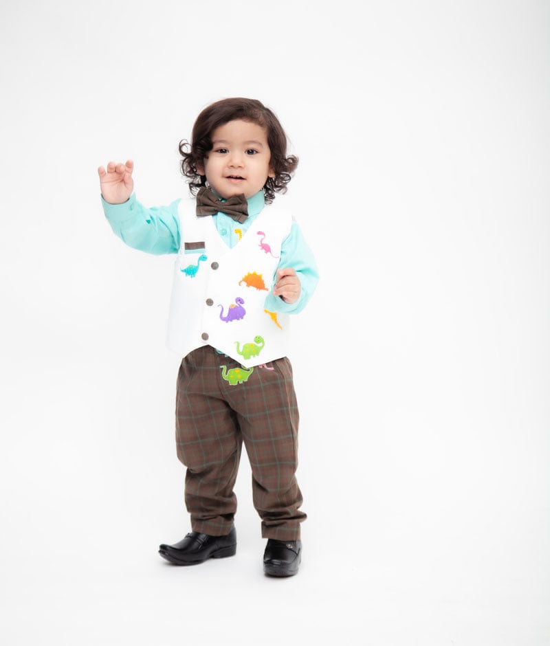 Fayon Kids Off white Waist Coat with Acqua Shirt and Brown Checks Pant for Boys