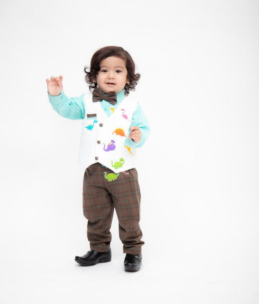 Fayon Kids Off white Waist Coat with Acqua Shirt and Brown Checks Pant for Boys