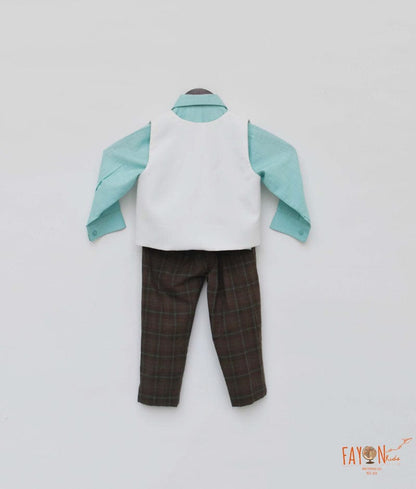 Fayon Kids Off white Waist Coat with Acqua Shirt and Brown Checks Pant for Boys