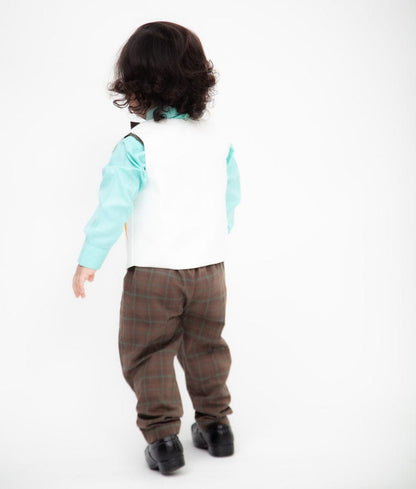 Fayon Kids Off white Waist Coat with Acqua Shirt and Brown Checks Pant for Boys