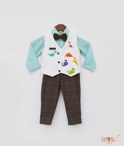 Fayon Kids Off white Waist Coat with Acqua Shirt and Brown Checks Pant for Boys