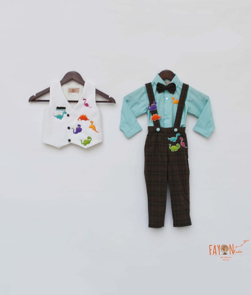 Fayon Kids Off white Waist Coat with Acqua Shirt and Brown Checks Pant for Boys