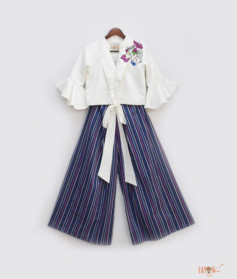 Fayon Kids Off white with Tie Knote Top with Blue Stripes Pant for Girls