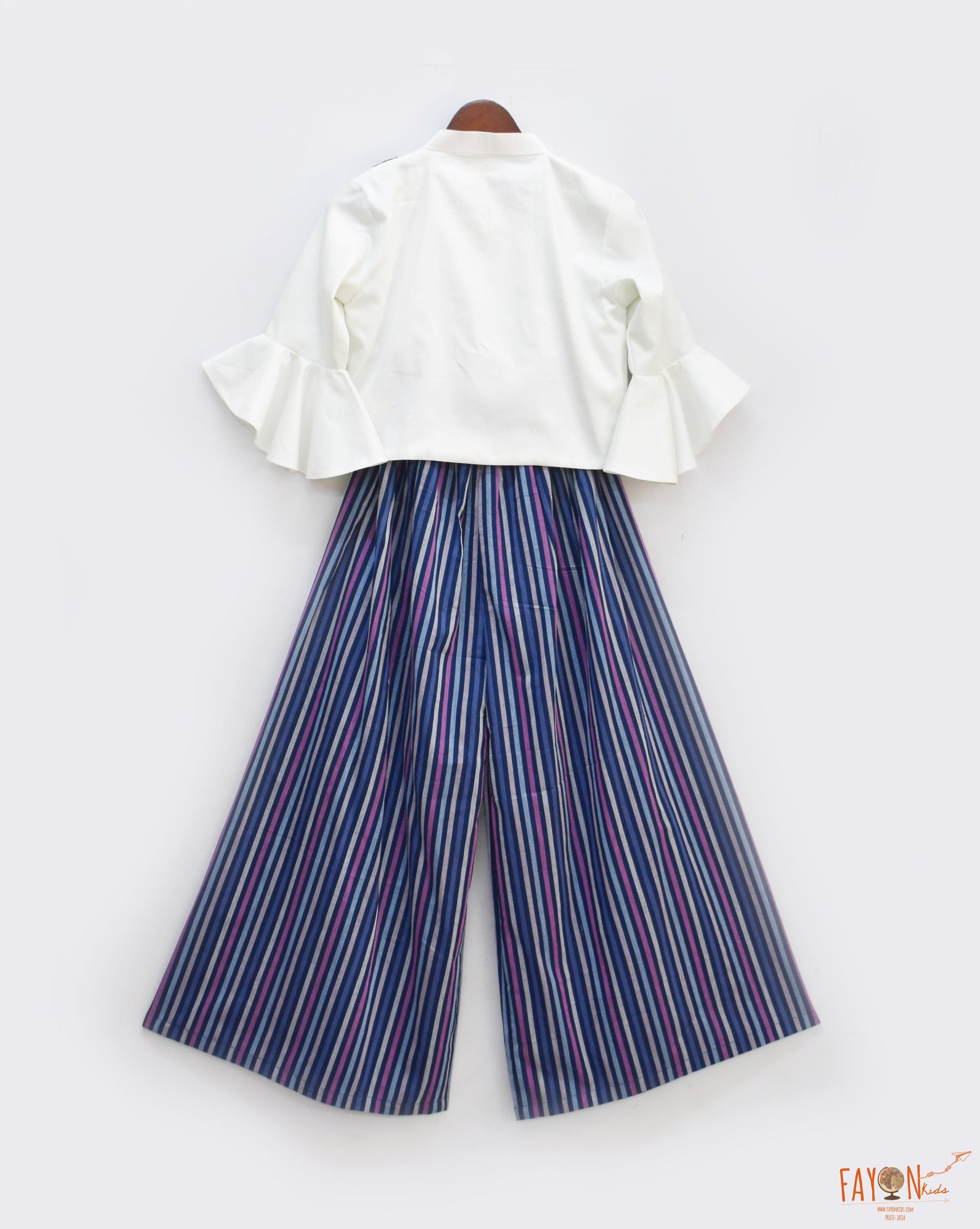 Fayon Kids Off white with Tie Knote Top with Blue Stripes Pant for Girls