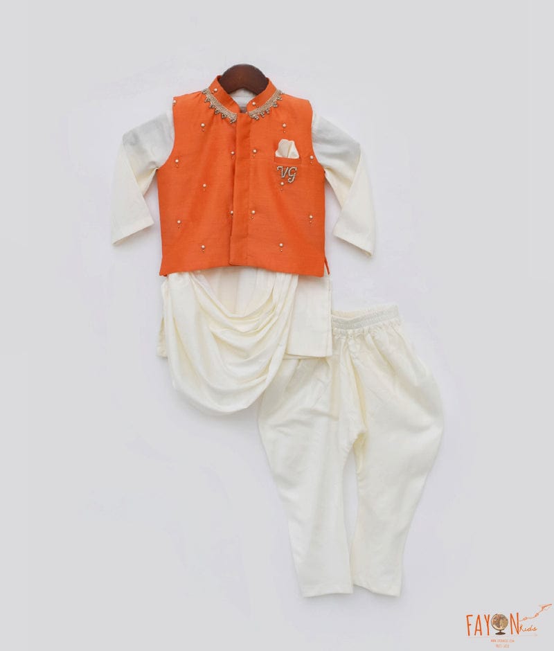 Orange Chanderi Nehru Jacket Off white Cowl Kurta Chudidar for Boys