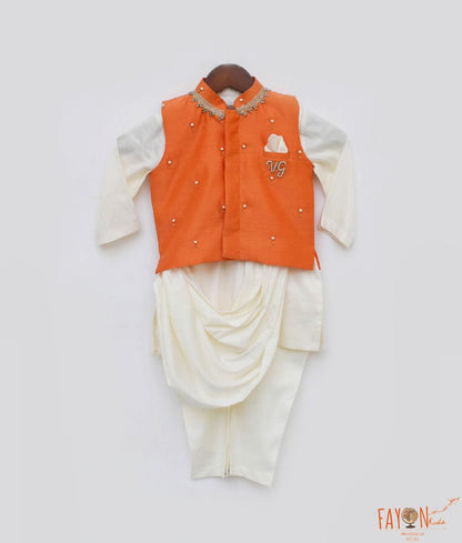 Orange Chanderi Nehru Jacket Off white Cowl Kurta Chudidar for Boys