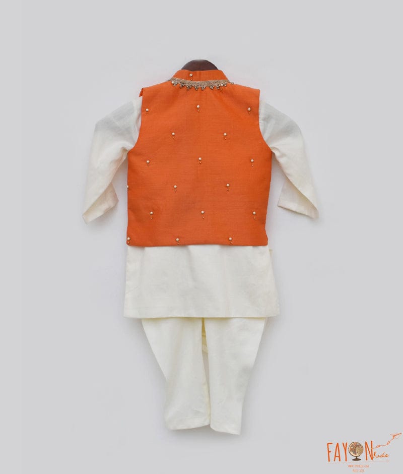 Orange Chanderi Nehru Jacket Off white Cowl Kurta Chudidar for Boys