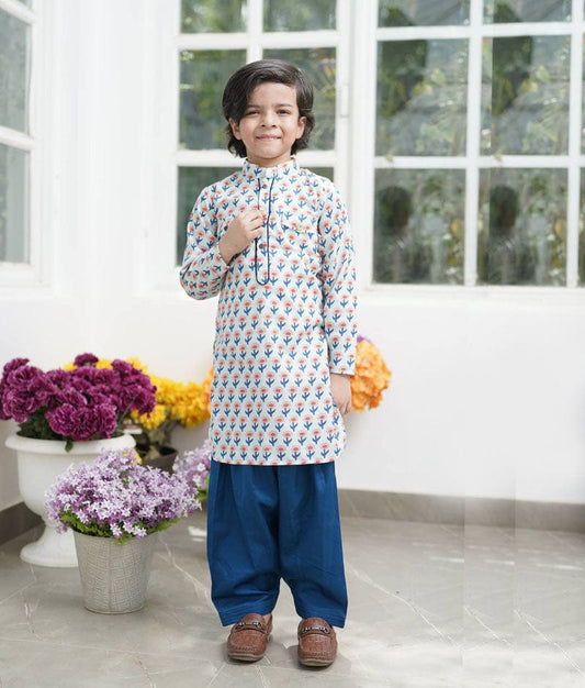 Fayon Kids Orange Flower Boti Print Kurta and Salwar for Boys