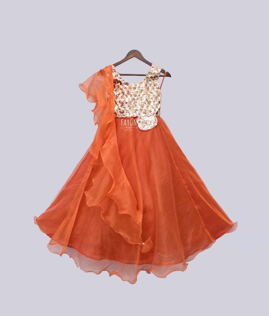 Fayon Kids Orange Organza Lehenga with 3D Flowers Choli Organza Dupatta for Girls