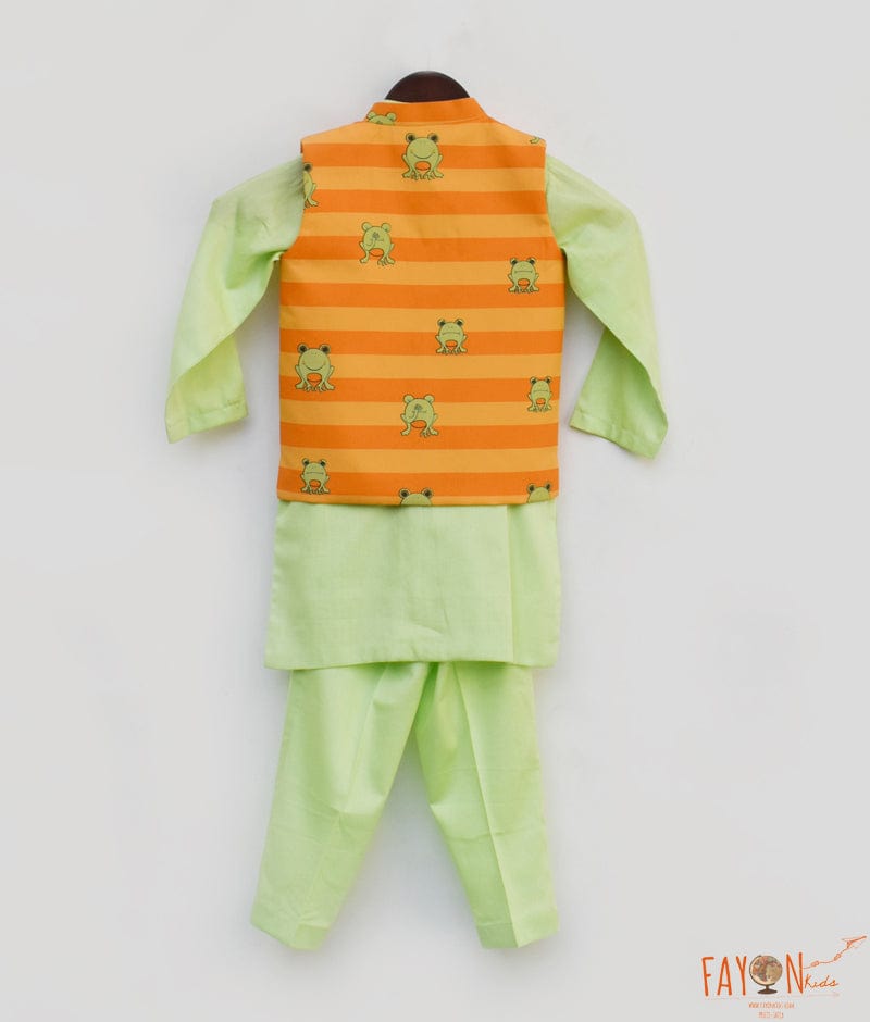 Orange Printed Nehru Jacket Green Kurta Pant for Boys