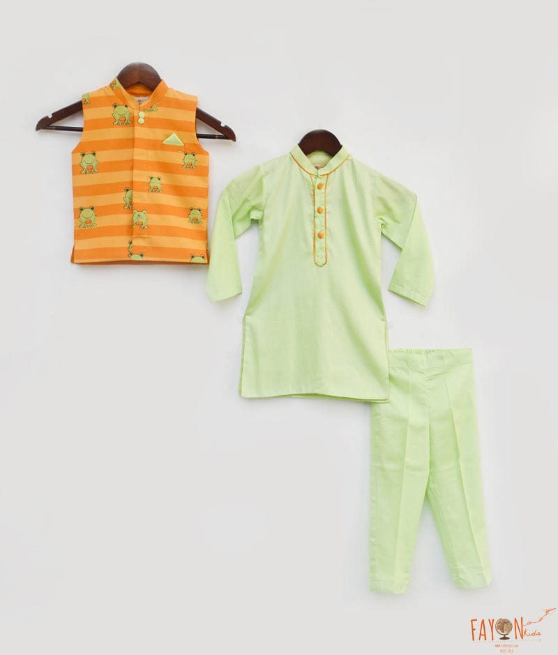 Orange Printed Nehru Jacket Green Kurta Pant for Boys
