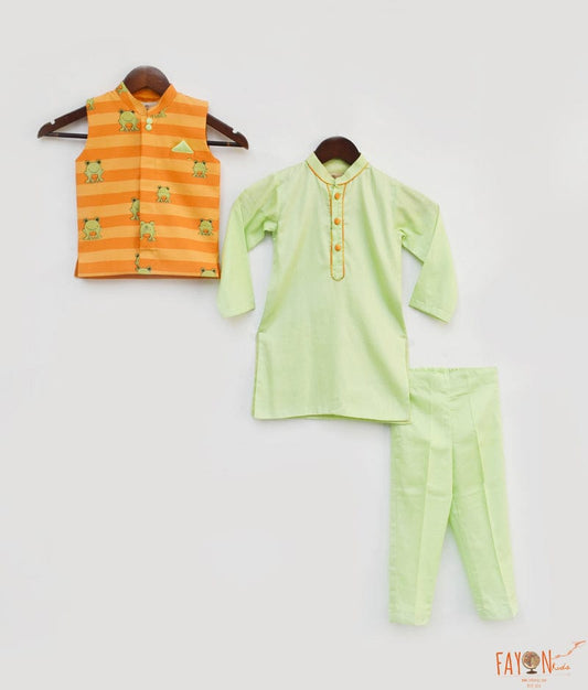 Orange Printed Nehru Jacket Green Kurta Pant for Boys