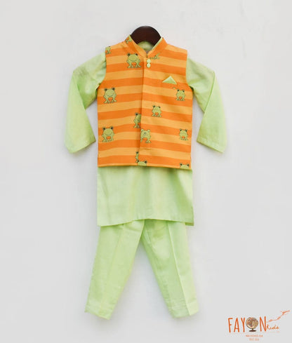 Orange Printed Nehru Jacket Green Kurta Pant for Boys