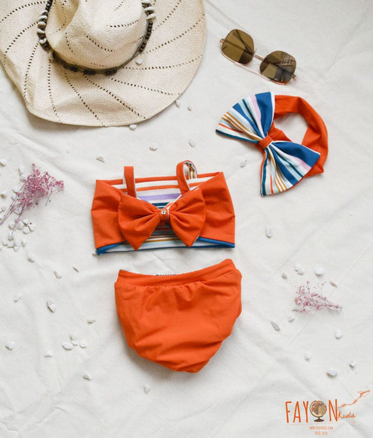 Orange Stripes Swim Wear for Girls