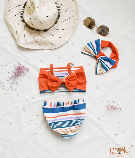 Orange Top and Blue Strips Print Swim Wear for Girls