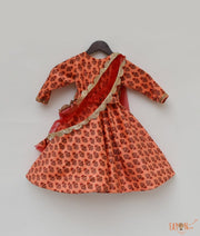 Orange Velvet Printed Anarkali with Net Dupatta for Girls