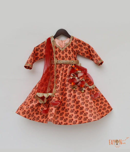 Orange Velvet Printed Anarkali with Net Dupatta for Girls