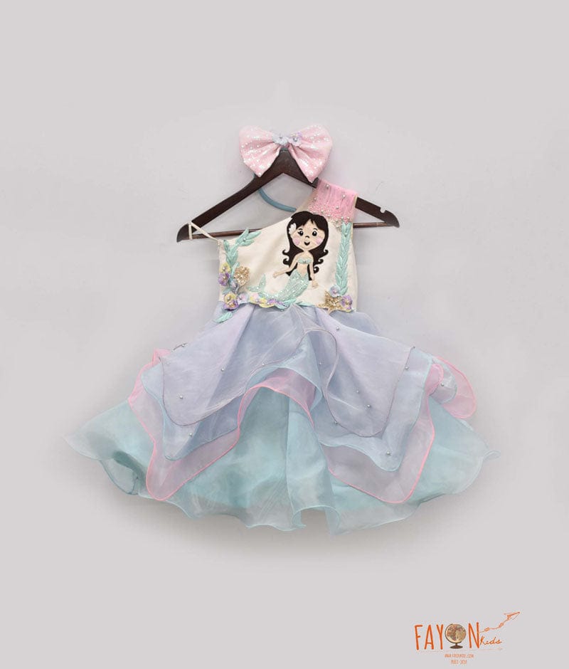 Fayon Kids Organza Frock with Mermaid motif and 3D flowers for Girls