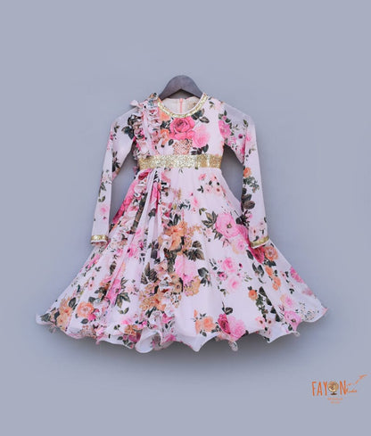 Fayon Kids Pastel Peach Printed Anarkali with Printed Frill Dupatta for Girls