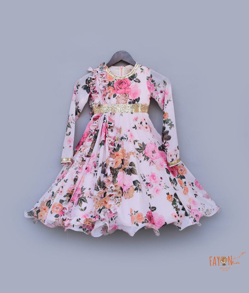 Pastel Peach Printed Anarkali with Printed Frill Dupatta for Girls