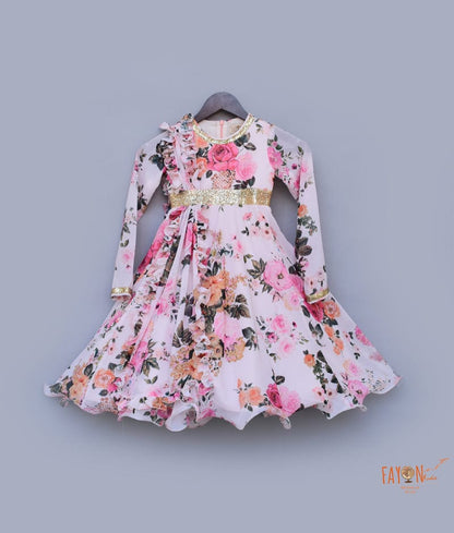 Pastel Peach Printed Anarkali with Printed Frill Dupatta for Girls
