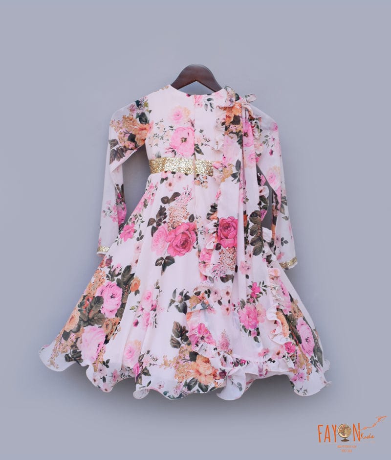 Pastel Peach Printed Anarkali with Printed Frill Dupatta for Girls