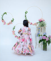 Pastel Peach Printed Anarkali with Printed Frill Dupatta for Girls