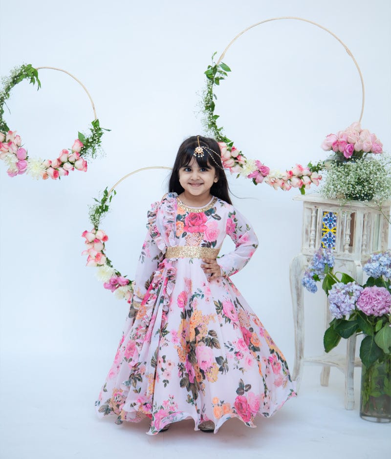 Pastel Peach Printed Anarkali with Printed Frill Dupatta for Girls