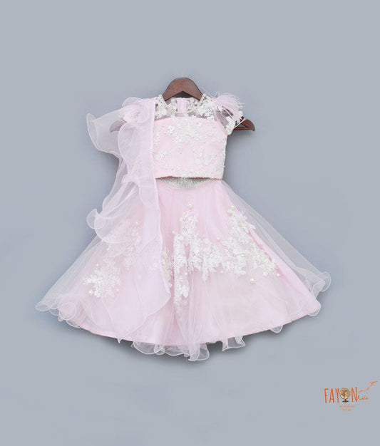 Pastel Pink Embroidery Lehenga with Choli Organza Dupatta for Girls