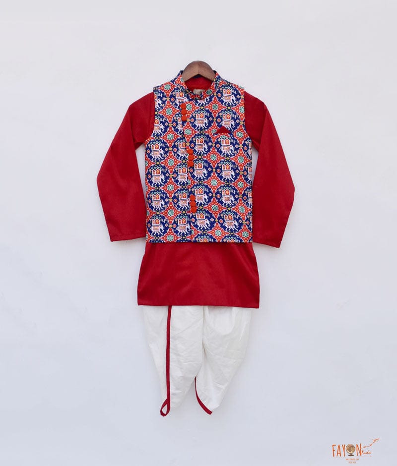 Fayon Kids Patola Print Jacket with Red Kurta Dhoti for Boys