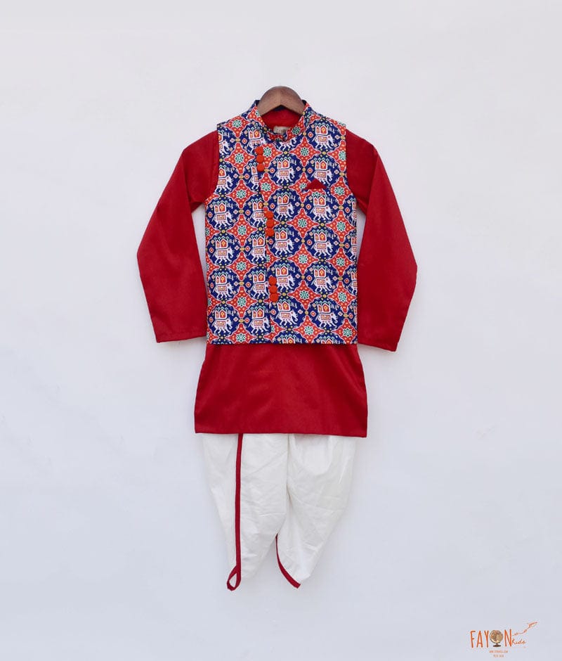 Patola Print Jacket with Red Kurta Dhoti for Boys