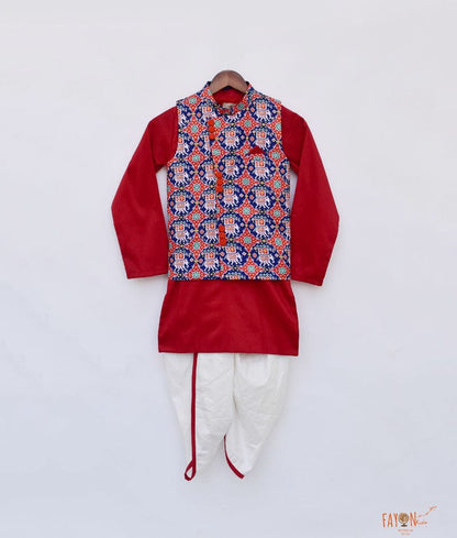 Patola Print Jacket with Red Kurta Dhoti for Boys