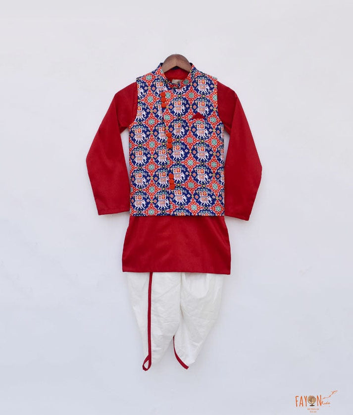 Patola Print Jacket with Red Kurta Dhoti for Boys