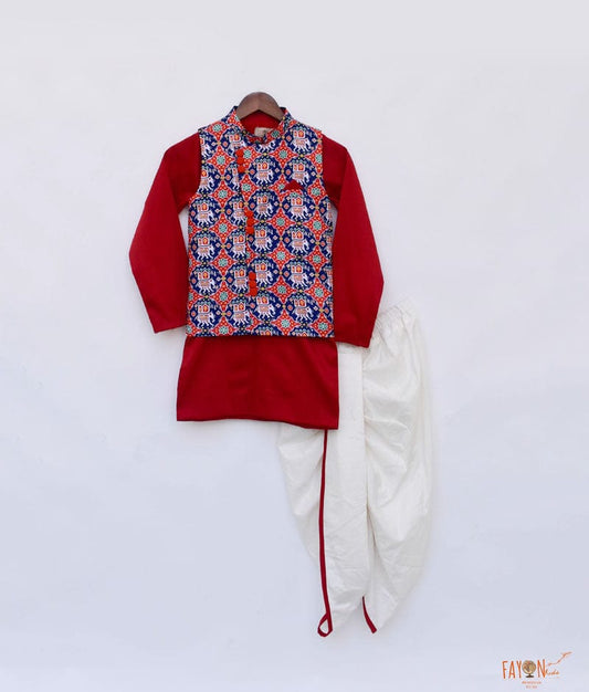 Fayon Kids Patola Print Jacket with Red Kurta Dhoti for Boys