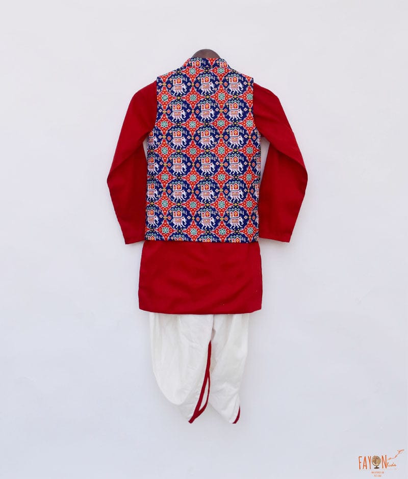 Patola Print Jacket with Red Kurta Dhoti for Boys