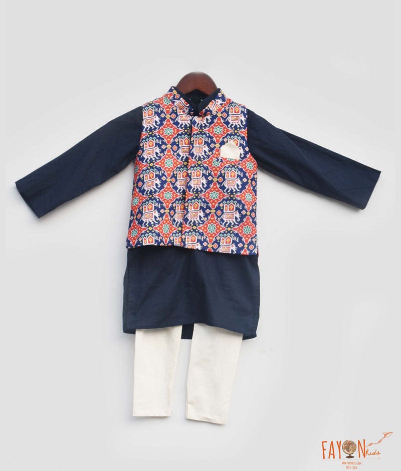 Fayon Kids Patola Print Nehru Jacket with Navy Blue Kurta Pant for Boys