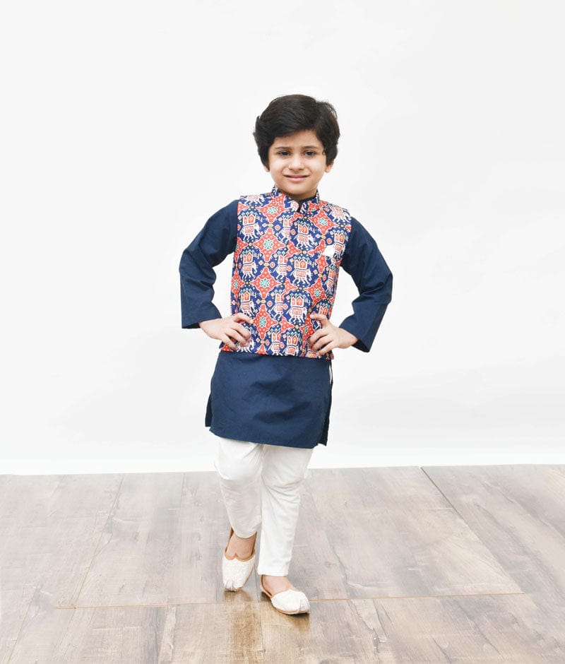 Fayon Kids Patola Print Nehru Jacket with Navy Blue Kurta Pant for Boys