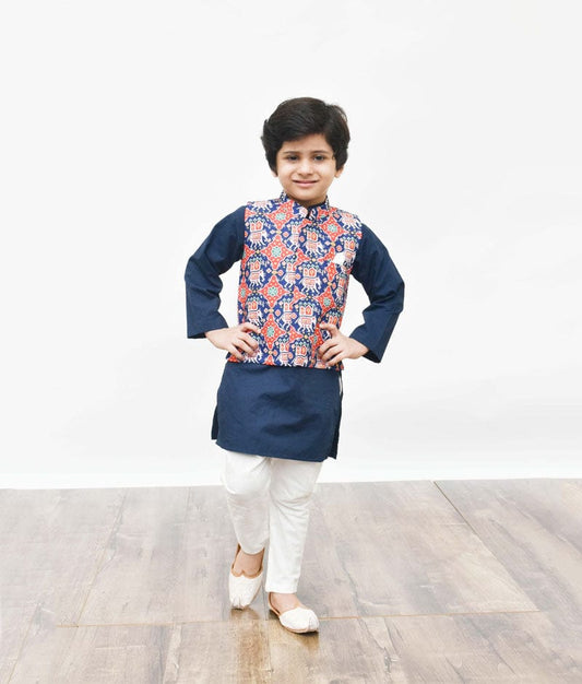 Patola Print Nehru Jacket with Navy Blue Kurta Pant for Boys