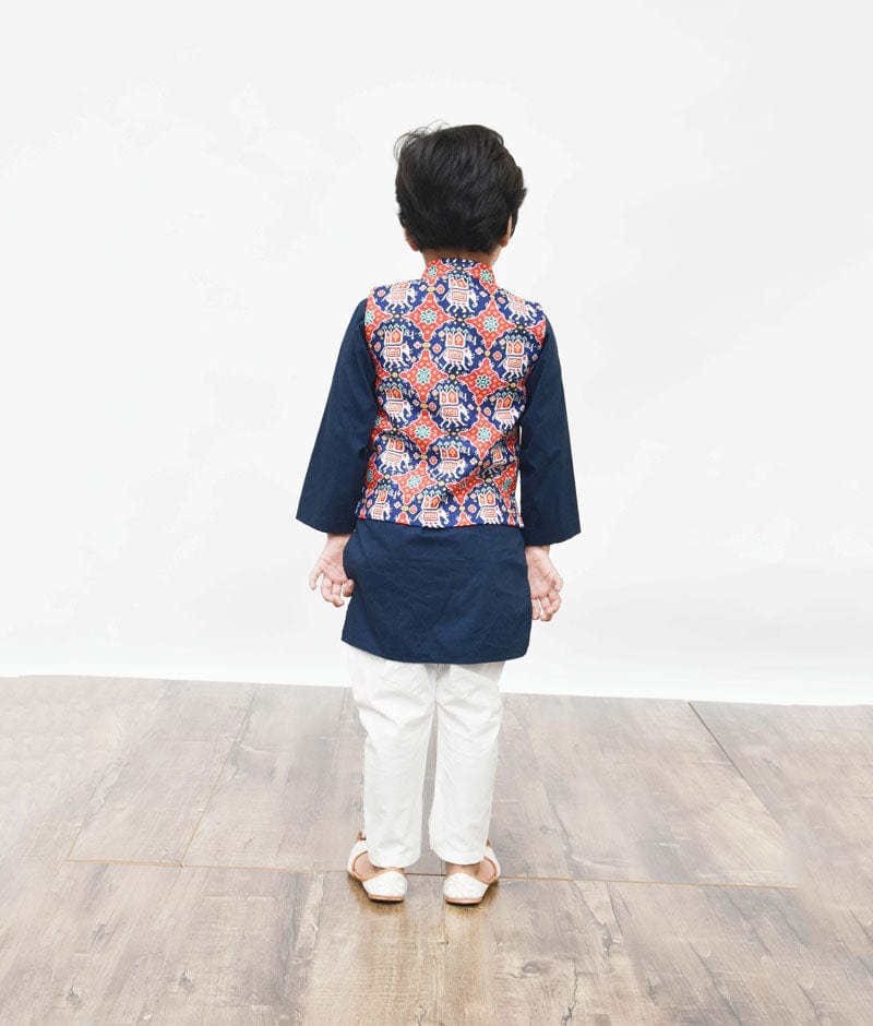 Fayon Kids Patola Print Nehru Jacket with Navy Blue Kurta Pant for Boys