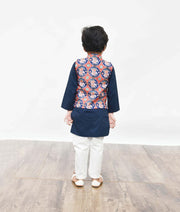Patola Print Nehru Jacket with Navy Blue Kurta Pant for Boys