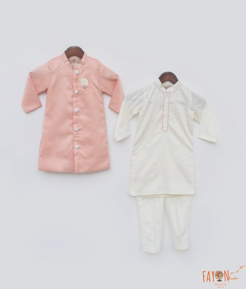 Peach Achkan and Off white Silk Kurta and Pant for Boys