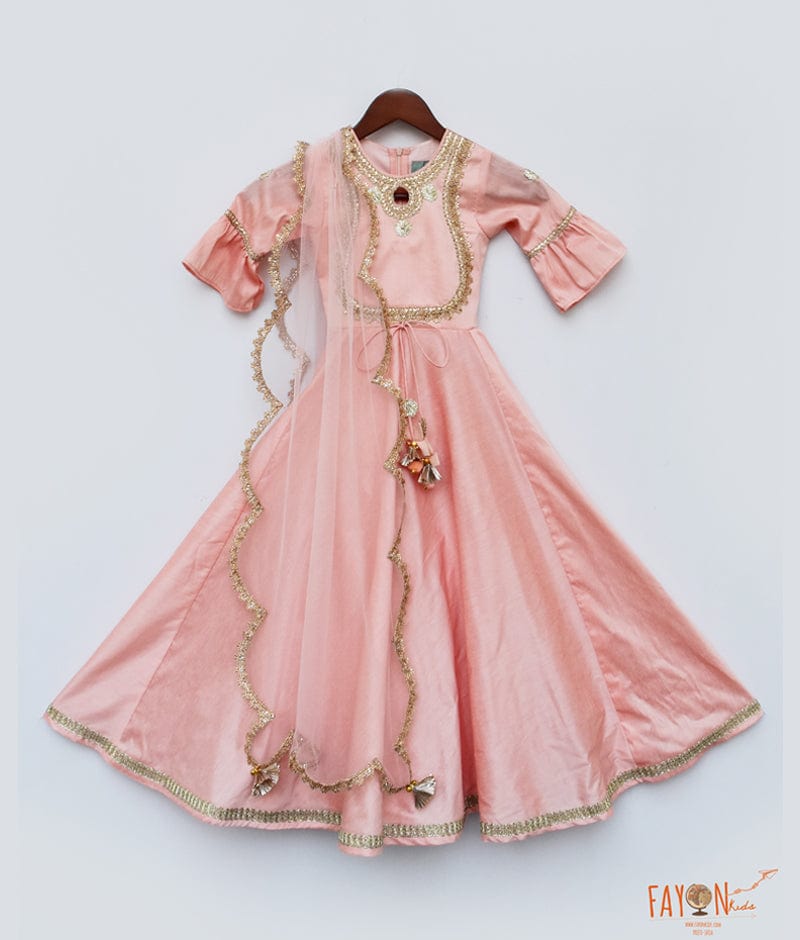 Fayon Kids Peach Anarkali with Net Dupatta for Girls