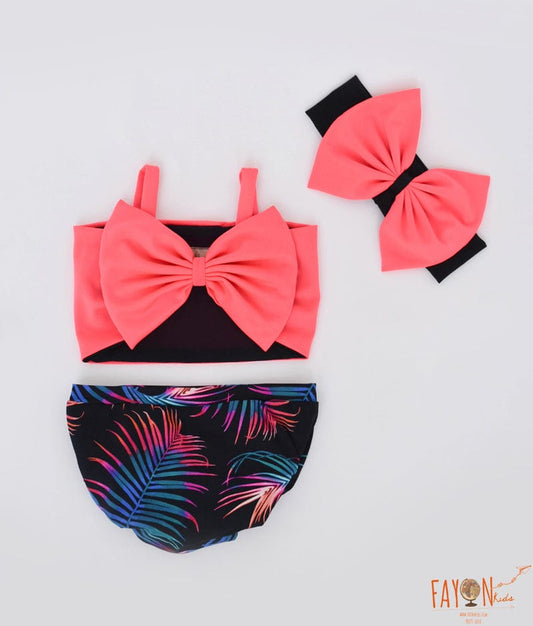 Peach Lycra and Black Printed Swim wear for Girls
