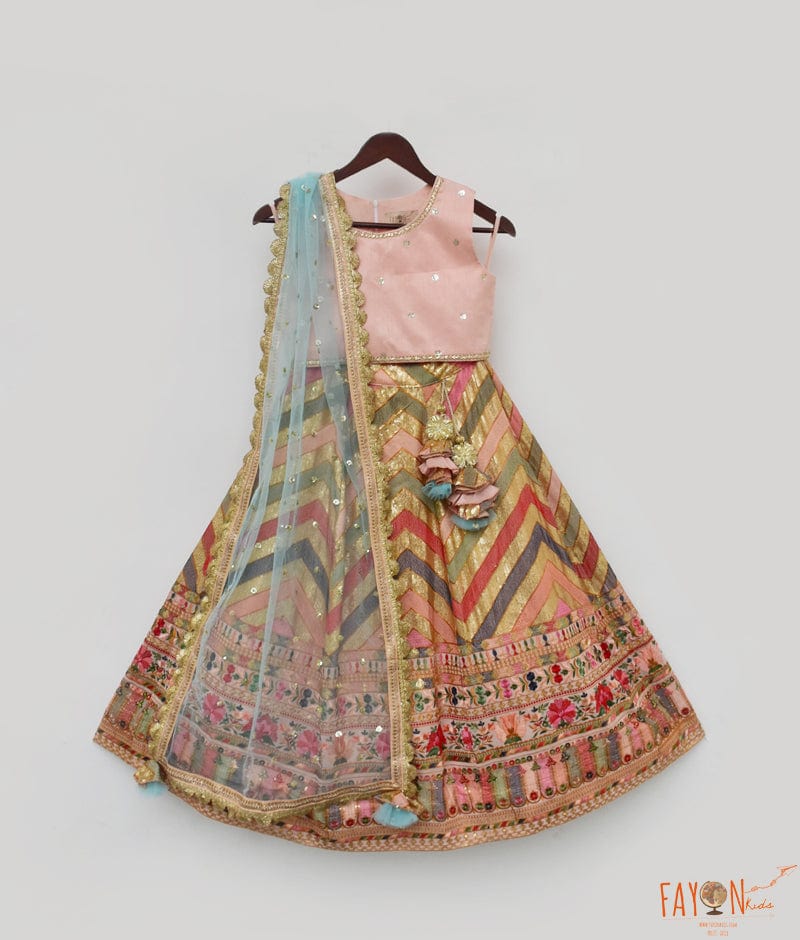 girlspink-peach-woven-design-with-embroidered-yoke-choli-lehenga-with-dupatta-1