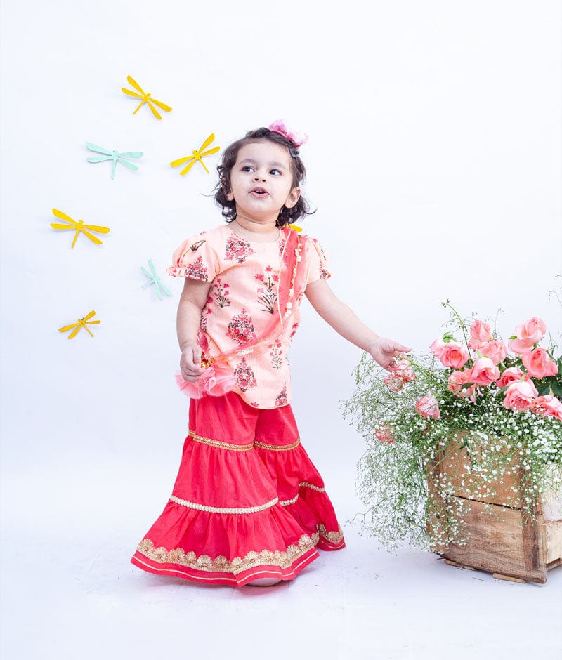 Fayon Kids Peach Coral Cotton Printed Sharara with Kurti for Girls