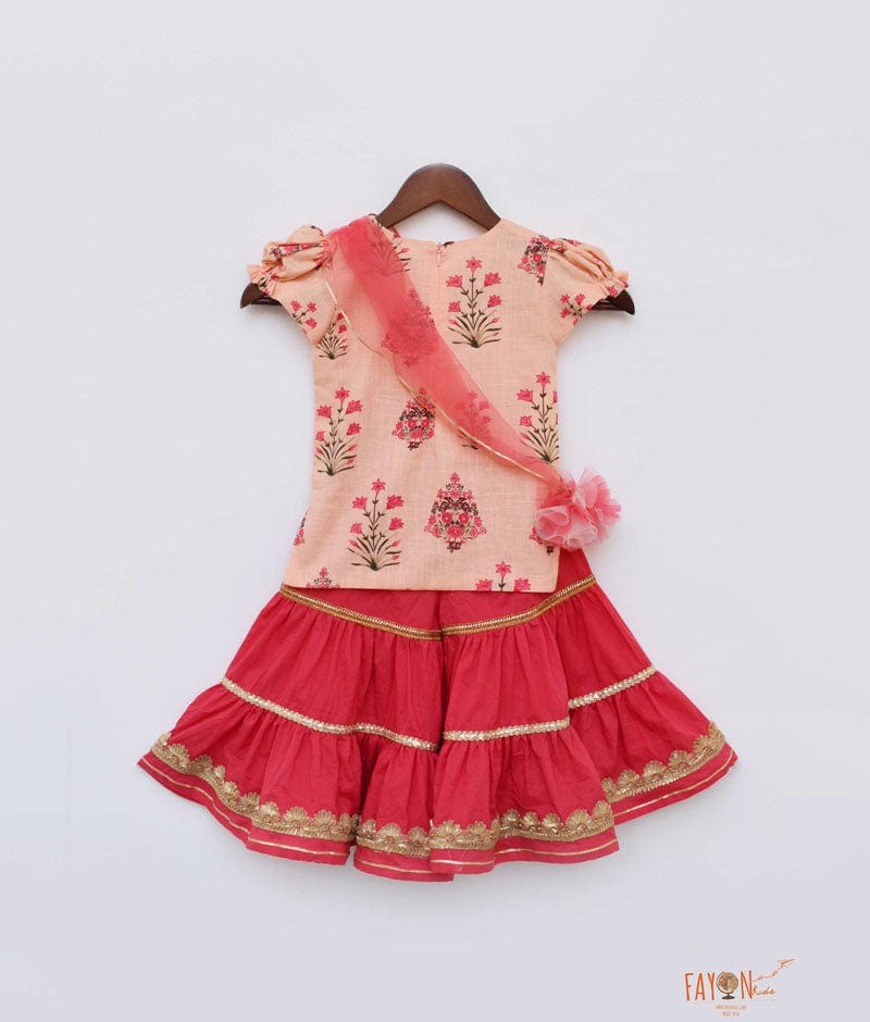 Fayon Kids Peach Coral Cotton Printed Sharara with Kurti for Girls