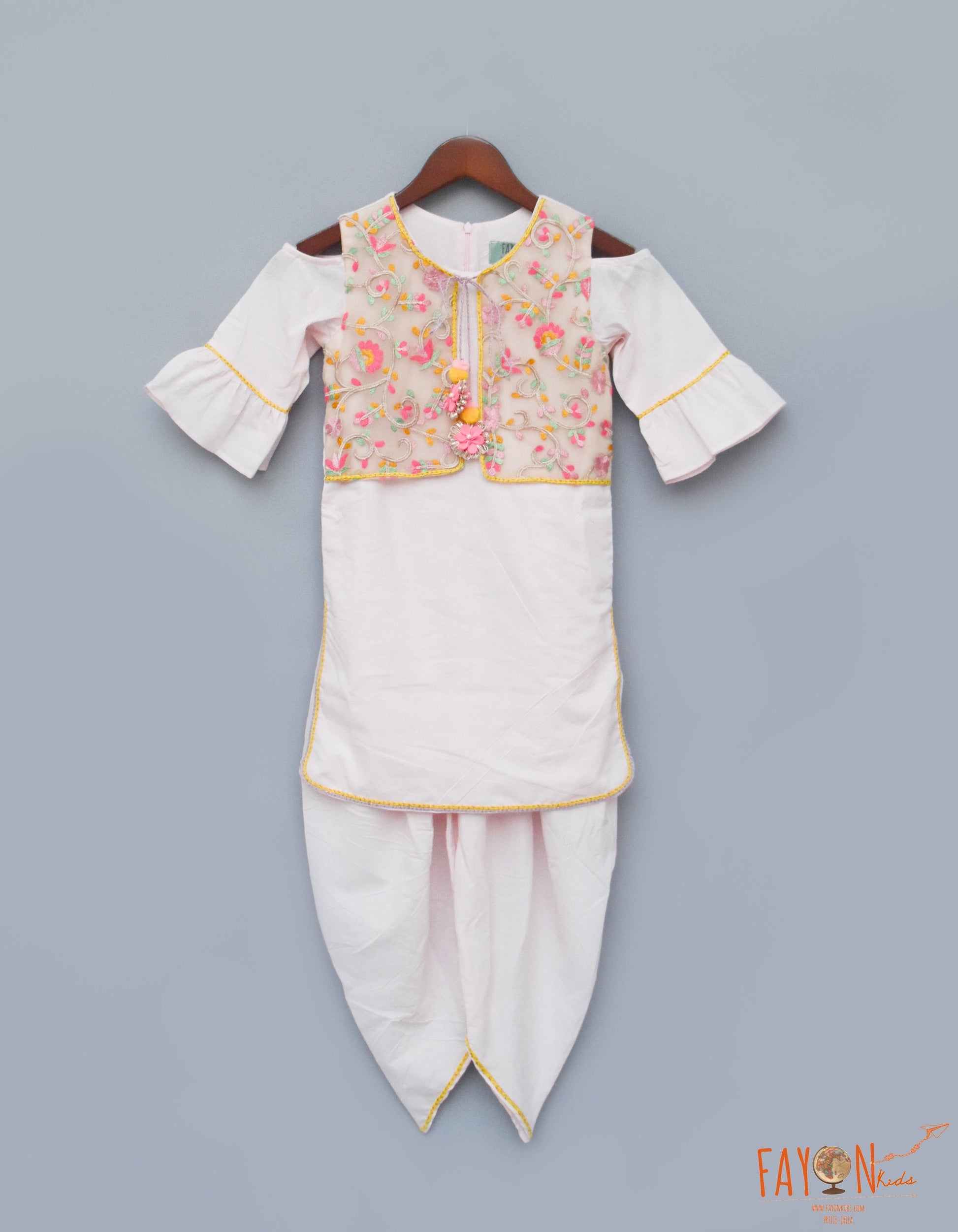 Peach Cotton Dhoti Set with Embroidery Jacket for Girls