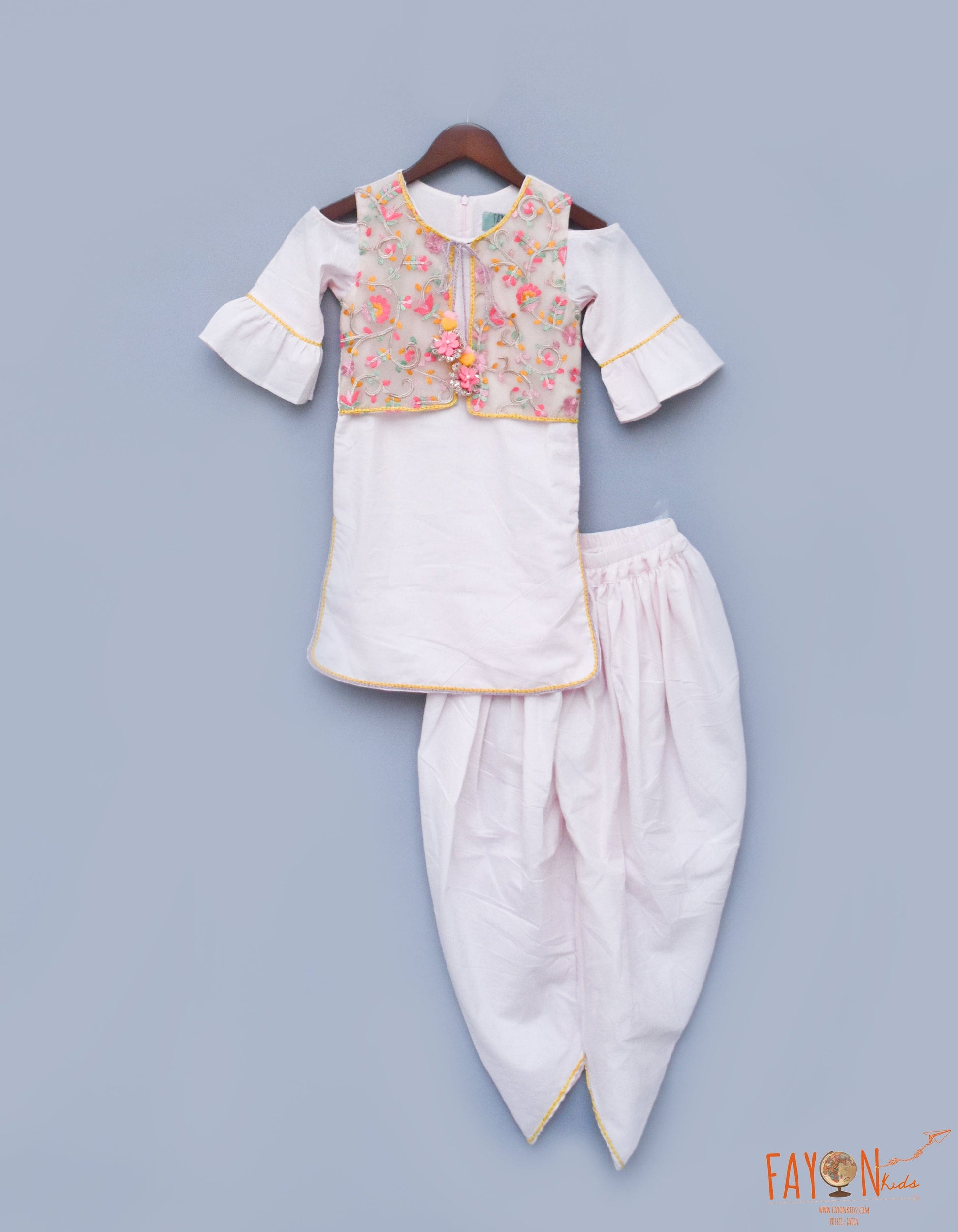 Peach Cotton Dhoti Set with Embroidery Jacket for Girls