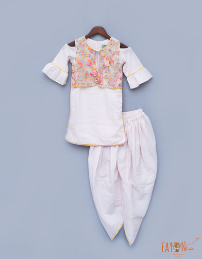Peach Cotton Dhoti Set with Embroidery Jacket for Girls