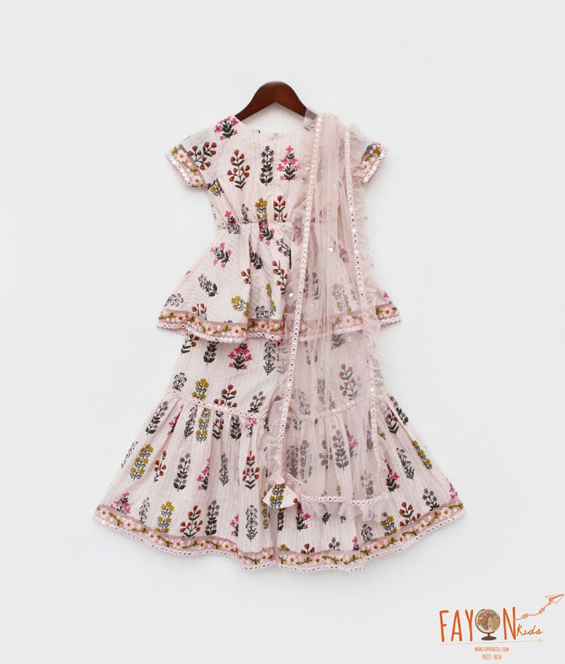 Peach Cotton Print Kurti Sharara and Peach Net Dupatta for Girls
